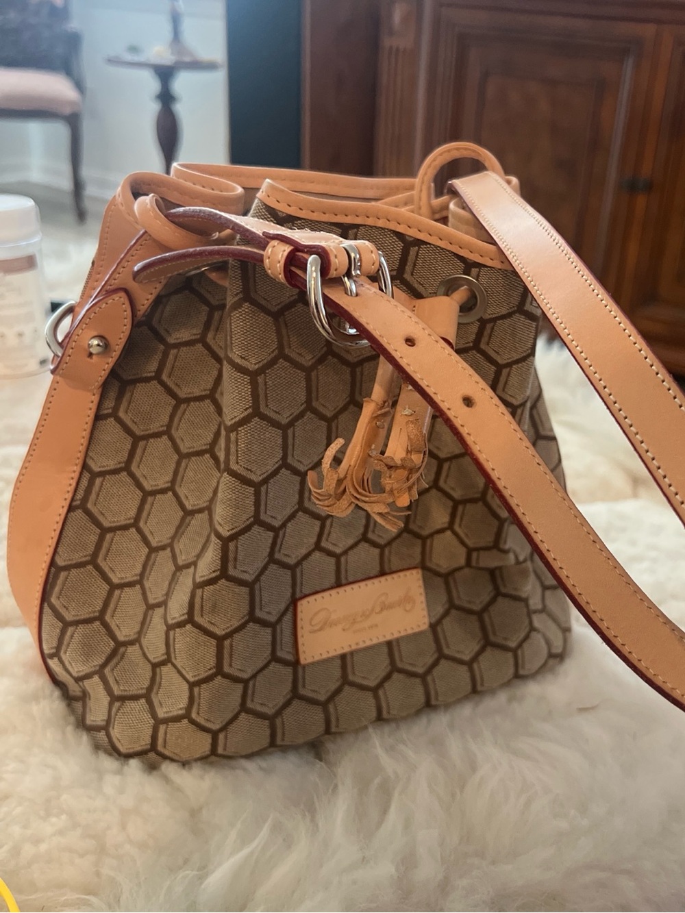 Leather-Trimmed Beige Honeycomb Bucket Bag